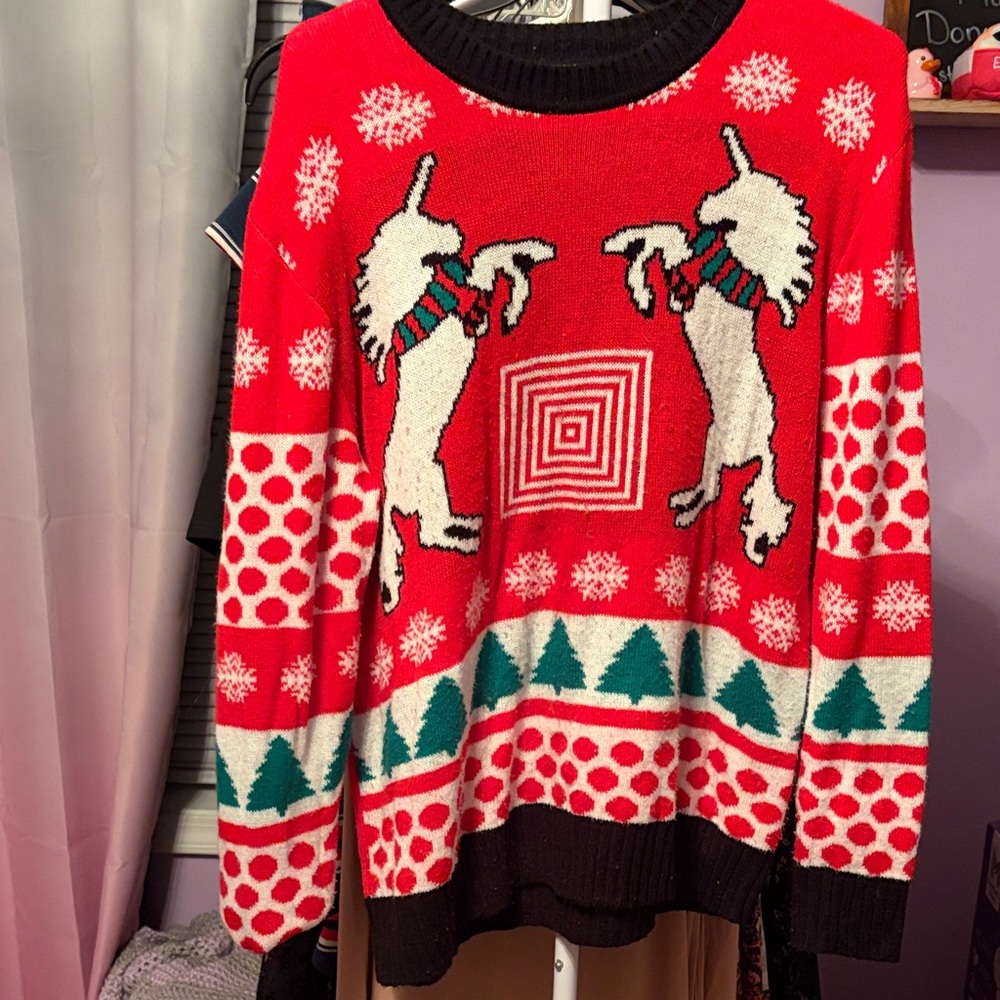 LuLaRoe Red Unicorn Sweater with Festive Patterns